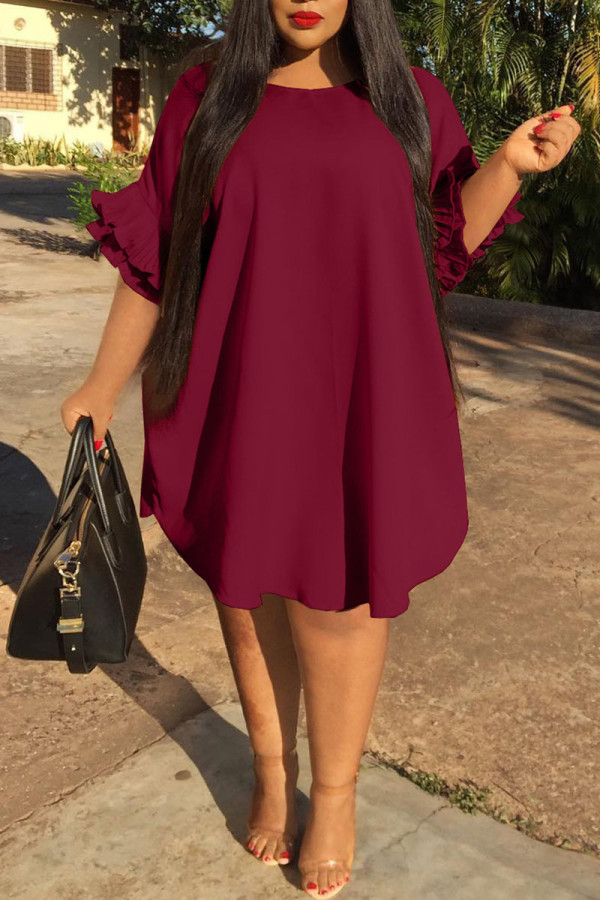 Burgundy Casual Solid Patchwork Asymmetrical O Neck Straight Plus Size Dresses