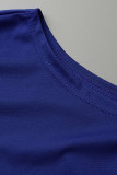 ブルーファッションカジュアルプリント斜め襟半袖ツーピース
