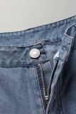 Jeans jeans regular cintura alta azul bebê fashion casual patchwork