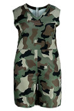 Legergroen Casual print, camouflageprint, patchwork, V-hals, grote maten jumpsuits