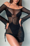 Fasciatura solida sexy di moda nera trasparente con spalle scoperte e maniche lunghe in due pezzi