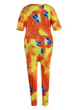 オレンジ ファッション カジュアル プリント タイダイ パッチワーク V ネック プラス サイズ ジャンプスーツ