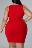 Red Fashion Sexy Plus Size Patchwork Hot Drill O Neck Ärmelloses Kleid