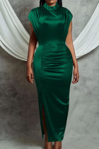 グリーンファッションセクシーなソリッドスリットハーフタートルネックイブニングドレス