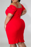 Moda vermelha casual sólido patchwork fora do ombro vestido de manga curta vestidos plus size