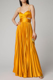 Gelbe Prominente, elegante, solide Patchwork-Kleider mit Falten und geradem Spaghettiträger