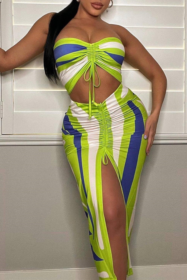Groene mode sexy print backless split strapless mouwloze twee stukken