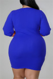 ブルーファッションカジュアルソリッドバンデージVネックAラインプラスサイズのドレス