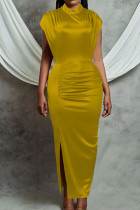 ゴールドファッションセクシーなソリッドスリットハーフタートルネックイブニングドレス