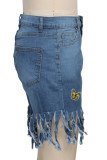 Dunkelblaue, modische, lässige Stickerei-Quasten-Patchwork-Jeansshorts mit hoher Taille und normaler Passform