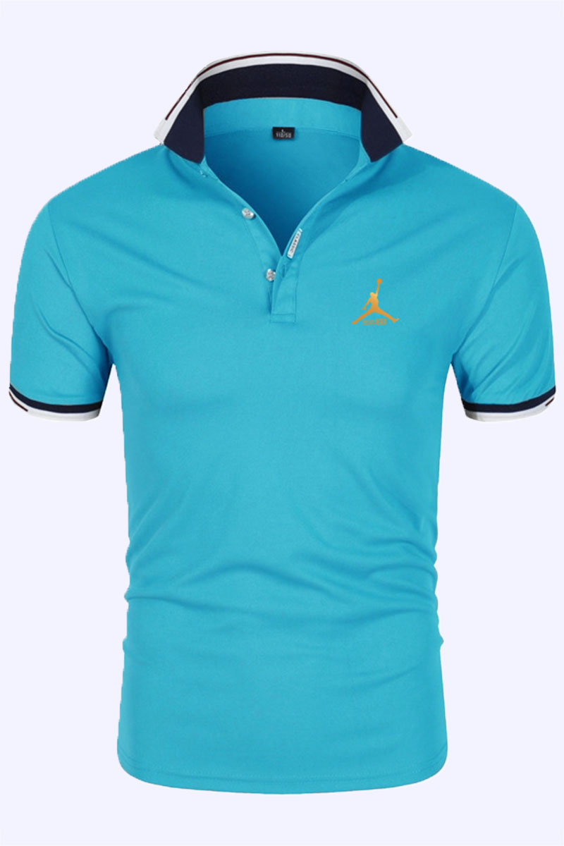 

Sky Blue Fashion Sportswear Print Split Joint POLO collar Tops