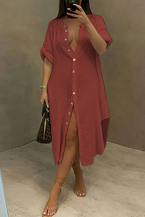 Мандариновое красное повседневное однотонное платье-рубашка с пряжкой в ​​стиле пэчворк, асимметричное платье, платья