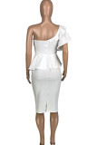 White Fashion Sexy Solid Patchwork Backless One Shoulder Short Sleeve Two Pieces