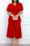 レッドファッションカジュアルソリッドフォールドVネックペンシルスカートドレス