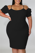 Zwarte mode casual effen patchwork off-shoulder jurk met korte mouwen plus maten jurken