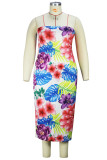 Multicolor Mode Sexig Plus Size Print Rygglös axelbandslös lång klänning