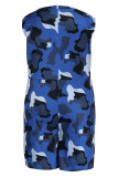 Combinaisons décontracté imprimé camouflage imprimé patchwork col en V grande taille bleu