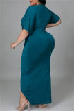 ブルー ファッション カジュアル ソリッド パッチワーク V ネック ショート スリーブ ドレス プラス サイズ ドレス