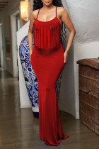 Red Sexy Solid Tassel Patchwork Spaghetti Strap One Step Skirt Dresses