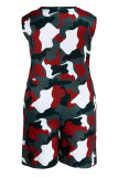 Legergroen Casual print, camouflageprint, patchwork, V-hals, grote maten jumpsuits