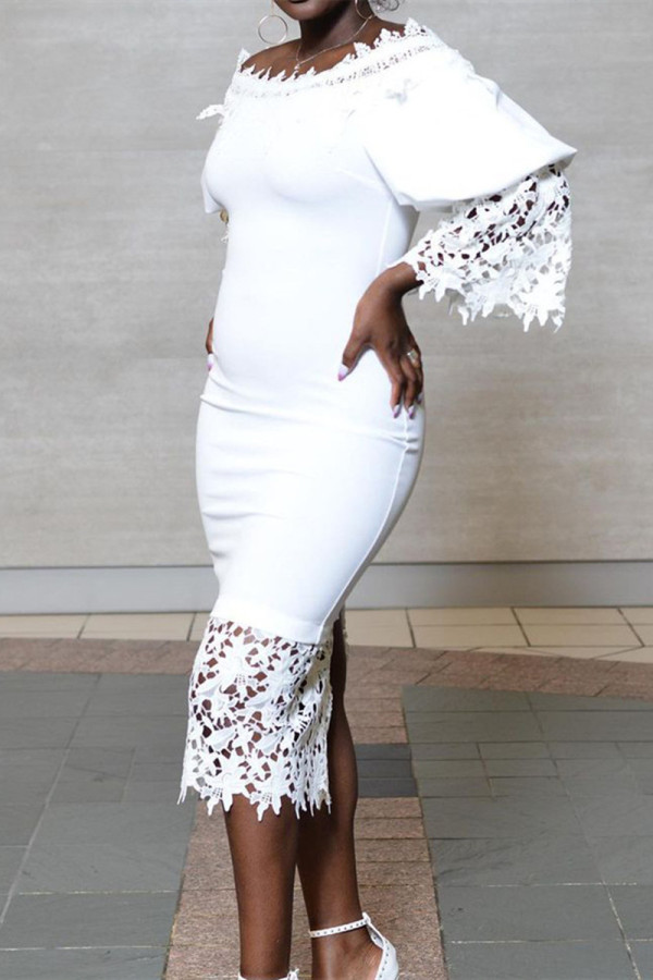 Blanco moda sexy sólido patchwork fuera del hombro lápiz falda vestidos