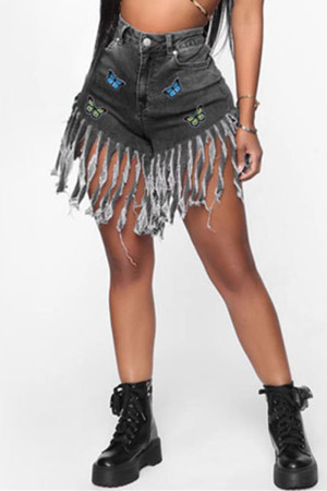 Black Fashion Casual Embroidery Patchwork High Waist Regular Hot Pant Tassel Denim Shorts