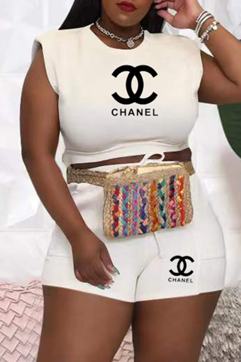 

White Fashion Casual Print Letter O Neck Plus Size Two Pieces