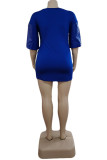 Blauwe mode-casual grote maat letterprint patchwork jurk met O-hals en korte mouwen