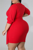 Красные модные повседневные сплошные повязки с V-образным вырезом A Line Платья больших размеров