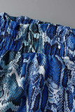ブルー ファッション カジュアル プリント バックレス オフショルダー ロングスリーブ ツーピース
