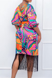 Vestidos de falda de lápiz con cuello en V y retazos de borlas con estampado informal de moda multicolor