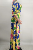 Flerfärgad Mode Casual Print Bandage V-hals lång klänning