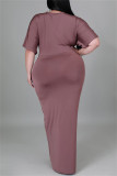Burgundy Fashion Casual Solid Patchwork V Neck Short Sleeve Dress Plus Size Dresses