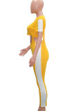 Желтый сексуальный сплошной пэчворк с круглым вырезом и коротким рукавом из двух частей
