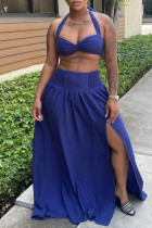 Dark Blue Fashion Sexy Solid Bandage Backless Slit Halter Sleeveless Two Pieces