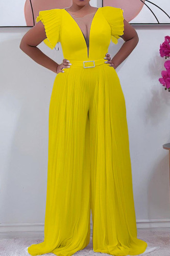 Yellow Fashion Casual Solid Patchwork O Neck Regular Jumpsuits (Without Belt)