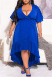 Azul Moda Casual Sólido Vendaje Volante Cuello en V Vestido irregular Vestidos de talla grande