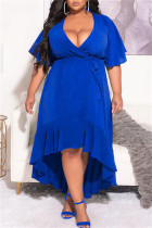 Blauwe mode casual effen bandage volant V-hals onregelmatige jurk Grote maten jurken