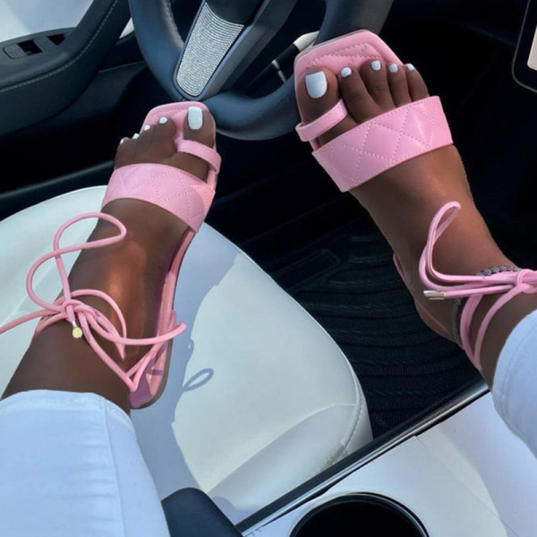 Roze mode casual bandage patchwork effen kleur vierkante schoenen