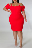 Rotes, modisches, lässiges, solides, schulterfreies, kurzärmliges Patchwork-Kleid in Übergröße