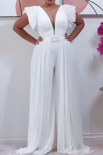 White Fashion Casual Solid Patchwork O Neck Regular Jumpsuits (Without Belt)