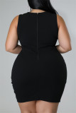 ブラックファッションセクシープラスサイズパッチワークホットドリルOネックノースリーブドレス