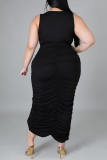 Mode noire Sexy solide fente pli carré col gilet robe grande taille robes