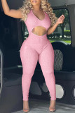 ピンク ファッション カジュアル ソリッド くり抜かれた V ネック スキニー ジャンプスーツ