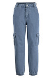 Серые модные повседневные однотонные лоскутные джинсы из обычного денима с высокой талией