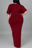 Rode bonenpasta Mode Casual Solid Patchwork V-hals Jurk met korte mouwen Grote maten jurken