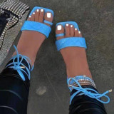Zapatos cuadrados de color sólido de patchwork de vendaje casual de moda azul cielo