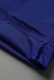 Azul Moda Casual Estampado Gola Oblíqua Manga Curta Duas Peças