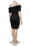 ブラック ファッション カジュアル ソリッド パッチワーク オフショルダー 半袖 ドレス プラス サイズ ドレス