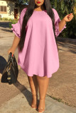 Pink Casual Solid Patchwork Asymmetrical O Neck Straight Plus Size Dresses